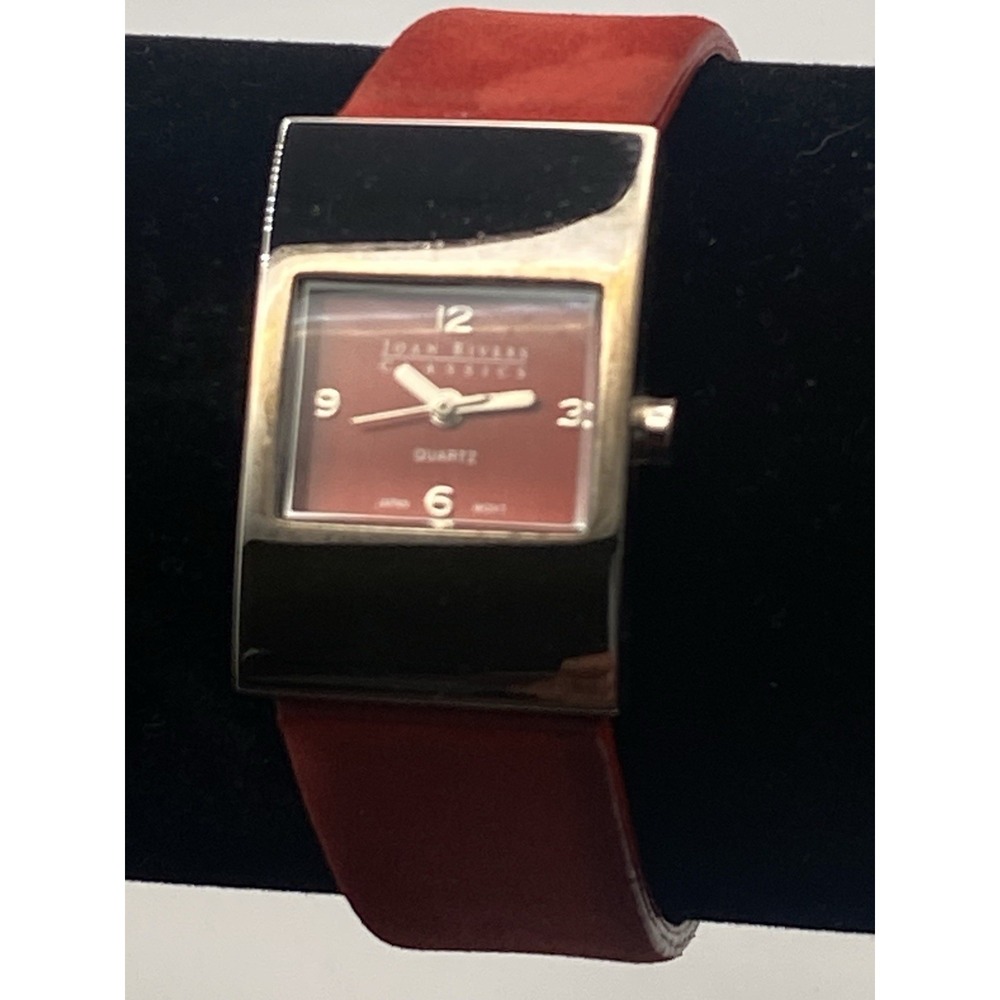 Joan Rivers Classic Red Genuine Suede Leather Silver Tone Quartz Watch New Batte